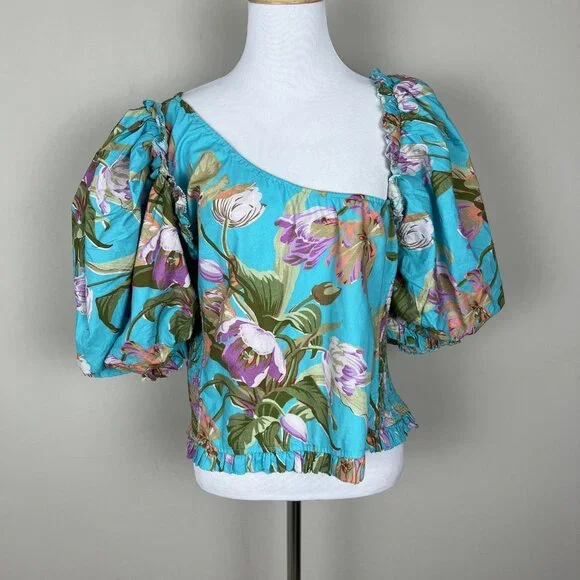 Anthropologie Love The‎ Label Top Womens XL Blue Floral Puff Sleeve Asymmetrical - Picture 4 of 14